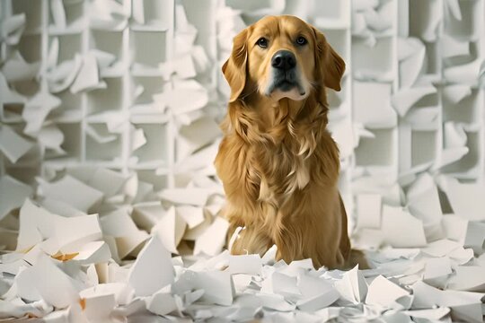 dog sitting amidst shredded white office papers