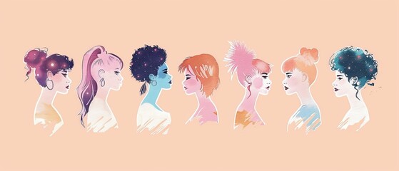 The International Women's Day greeting card template shows a row of women of diverse ages and races. Cute girls with different haircuts. Modern illustration with a rainbow background.