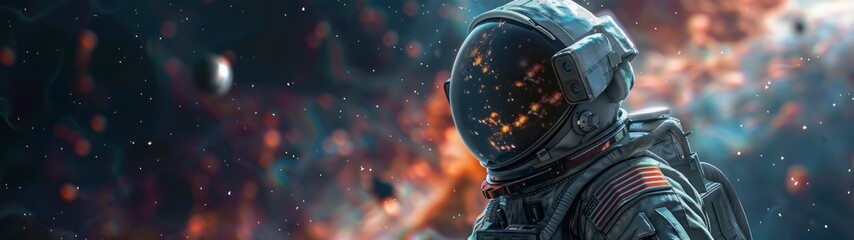panoramic 32.9 astronaut with suit looking at space full of stars and galaxies floating in space in high resolution and high quality HD - obrazy, fototapety, plakaty