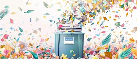 A large office floor shredder filled with cut paper and a basket for recycling paper waste on a white background. Recycling bins with signs of recycling. Cartoon modern illustration. - obrazy, fototapety, plakaty