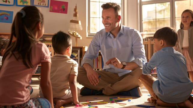 A teacher is engaging with young students seated around him in a classroom setting.