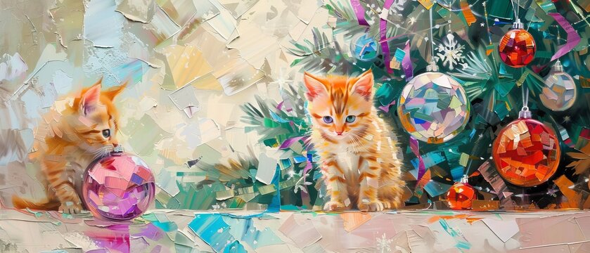 Oil painting for Christmas cards. A kitten watches glass balls under the tree. A glowing Christmas tree glows in the dark. Festive evening mood.