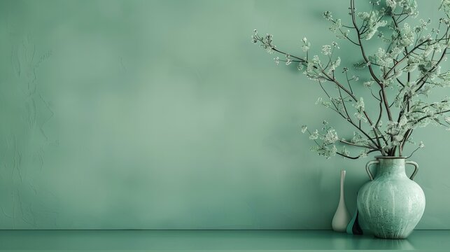 celadon and green floral background with flowers in vase, presentation wallpaper with copy space