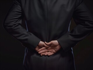 Close-up of a man in a suit with hands behind back, denoting confidence or secrecy. - obrazy, fototapety, plakaty