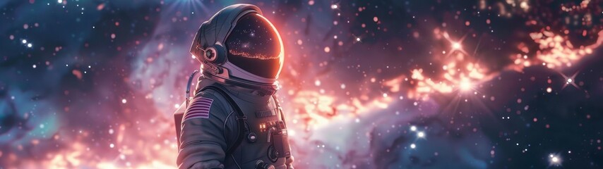panoramic 32.9 astronaut with suit looking at space full of stars and galaxies floating in space - obrazy, fototapety, plakaty