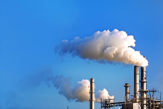 factory with smoke stacks against clear blue sky