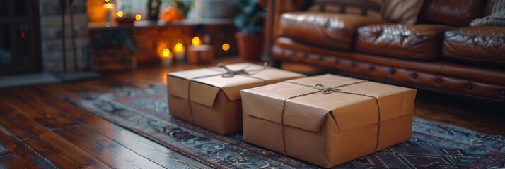 A festive gift box with brown packaging, tied with string and a bow, ideal for celebrations. - obrazy, fototapety, plakaty