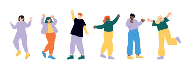 Happy free diverse party people dancing and jumping in air. Concept of freedom, happiness and aspirations. Colored flat vector illustration isolated on simple background