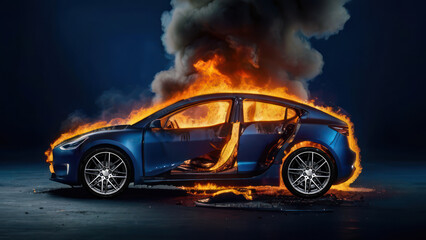 EV passenger car caught on fire - obrazy, fototapety, plakaty