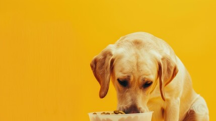 Lobrador eats food from a bowl on a yellow background