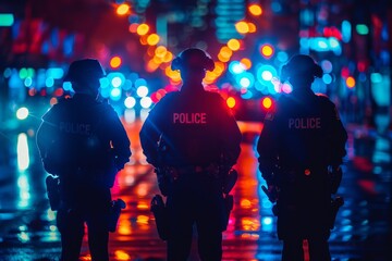 Three police officers backlit by vibrant neon city lights standing vigilantly on a busy street - obrazy, fototapety, plakaty