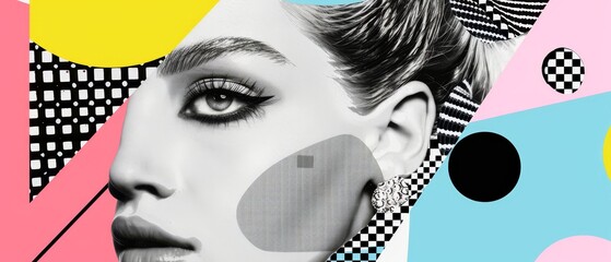 The eyes, lips, and ear are halftoned. Retro modern illustration with vintage grunge punk cutout shapes.