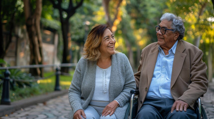 Fototapeta premium A smiling couple enjoys a moment together in a park, with one seated in a wheelchair.