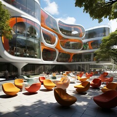 Fototapeta premium A large library with colorful bookshelves brightly colored.. Interior Design 