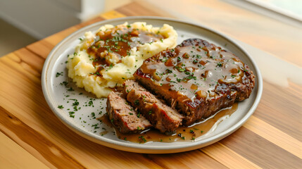 Sliced meatloaf and mashed potatoes. Food at the restaurant. High-resolution