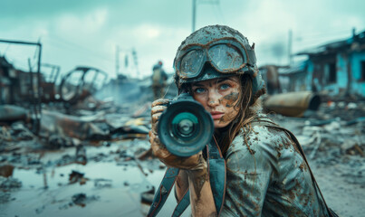 Professional female war press photographer wokring in a dystopian war zone - obrazy, fototapety, plakaty