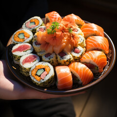 person holding plate full sushi and salmon