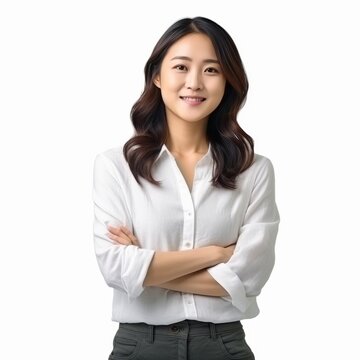 Confident young Asian woman in a casual white shirt