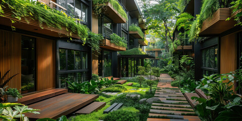 Fototapeta na wymiar Urban Oasis Serene Walkway Surrounded by Lush Greenery in Apartment Building Interior