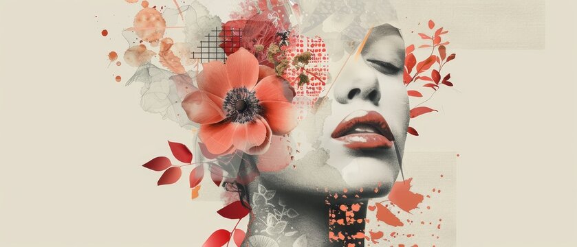 This is a mixed media 9 female symbol with halftone female collage elements - flowers and torn out parts of female faces. This is a banner template to celebrate International Women's Day, promote
