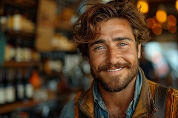 Close-up of a smiling man with tanned skin and wind-swept hair, exuding casual confidence - obrazy, fototapety, plakaty