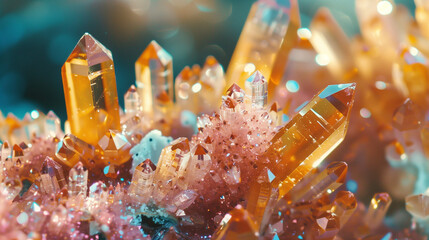A close-up of a group of delicate pastel pink and orange crystals in various shapes. Abstract background in peach fuzz colors. 