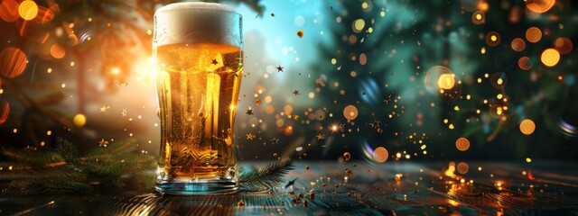 Glass of cold beer with a frothy head on a wooden table, surrounded by festive bokeh lights, evoking a celebratory atmosphere. Concept of refreshment, celebration, and relaxation.

