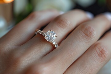 An elegant engagement ring with a prominent diamond is delicately placed on a woman's ring finger