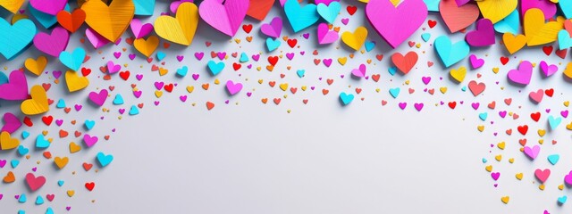 Many colorful heart shaped confetti scratched  on white background. Festive abstract backdrop. Romantic and love concept. Valentines day background for design greeting card, banner with copy space