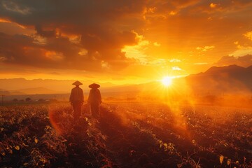 Fototapeta premium A striking shot of two farmers walking in fields at sunset, evoking warmth and rural life harmony