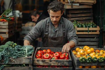 A male vendor is arranging fresh tomatoes at a wooden market stall with various vegetables