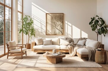 A living room with wooden floors, white walls and  large window. Beige sofa with an armchair. wooden coffee table and decorative home interior living room.