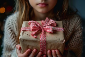 An endearing close-up of child’s hands holding a gift wrapped in brown paper tied with a...