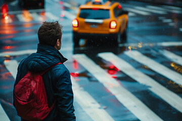 Man waiting to cross rainy city street
