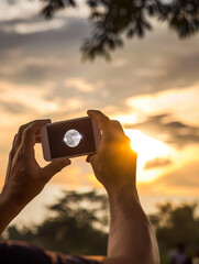 Close up of hands taking a picture of solar eclipse with smartphone