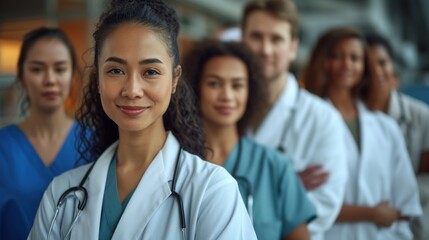 portrait of an asian woman doctor in a medical gown with a team of nurses and hospital workers, doctors day, banner