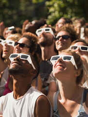 Group of excited people watching solar eclipse through safe solar viewing glasses - obrazy, fototapety, plakaty