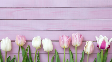 Light purple wooden background with tulips on the bottom