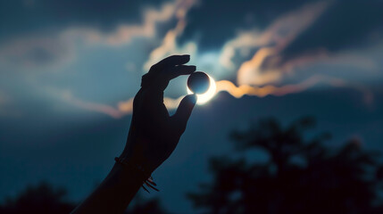 Close-up silhouette of hand holding moon. Solar eclipse event concept