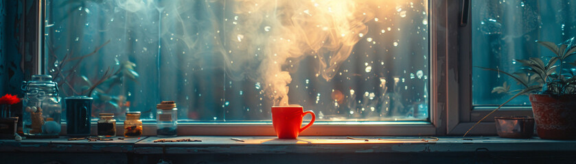A cozy winter morning a steaming cup