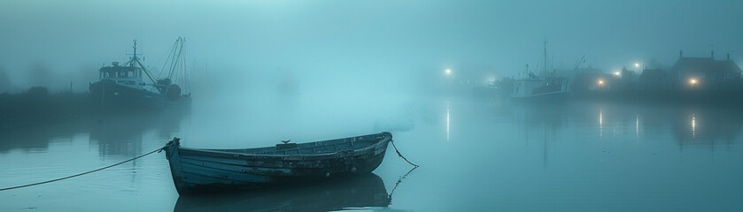 A foggy harbor at dawn boats gently sway - obrazy, fototapety, plakaty
