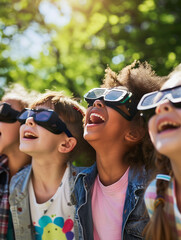 Naklejka premium Children looking up at solar eclipse outdoors
