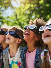 Abwaschbare Fototapete Children looking up at solar eclipse outdoors © zphoto83