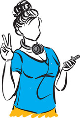 woman 1 with headphones and cellphone vector illustration