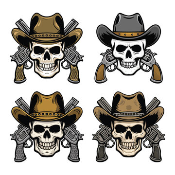Skull with cowboy hat and pistol vector art, for design