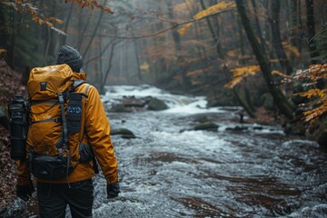 An adventurer in a yellow jacket with backpack gazing at a serene river surrounded by autumnal trees in a foggy forest scene - Powered by Adobe
