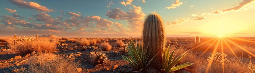A cactus plant in the desert at sunset , Cacti at sunrise in desert - obrazy, fototapety, plakaty