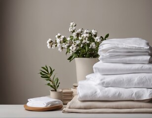 Terry white towels are folded on a wooden chest of drawers in the room. Clean bath amenities. Professional service