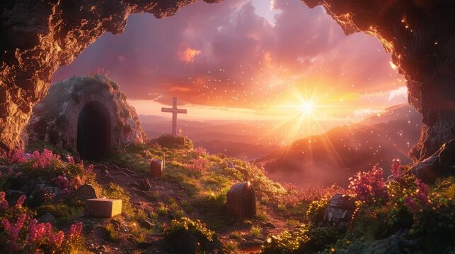 Resurrection - Crosses On Hill And Empty Tomb With Bright Light At Morning. Empty cemetery with crucifixion at sunset from cave mouth