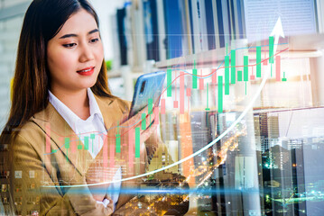 Double exposure of stock market graph and business woman working on smart phone at office. financial stock exchange marketing concept.	
